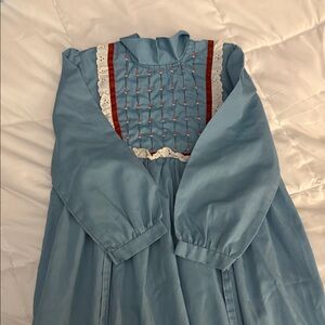 Vintage Polly Flinders Blue Smocked Long Sleeve Prairie Dress with Lace Trim